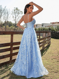 A-Line/Princess Lace Ruffles V-neck Sleeveless Sweep/Brush Train Dresses HZ1023
