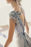 Blue backless exquisite beaded A-line long elegant ball gown formal evening gown wedding dress HZ1023