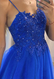 Blue A Line Tulle With Lace Sparkly Beads Long Prom Dress With Train,Party Dress,Evening HZ1023