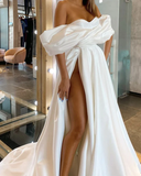 A-line Off The Shoulder Wedding Dress Satin With Slit HZ1023