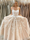Appliqued Tulle Prom Dresses A-line Spaghetti Straps Gowns HZ1023