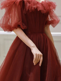 Burgundy Off Shoulder A Line Formal Evening Dress Tulle Long Prom Dress HZ1023