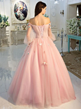 Pink delicate floral applique fairy long sleeves long tulle ball gown evening dress HZ1023