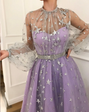 Long Sleeve Prom Dresses High Neck A-line Sparkly Star Lace Lilac Long Prom Dress HZ1023