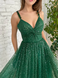 A-Line Prom Dresses Sparkle & Shine Dress Prom Floor Length Sleeveless V Neck Sequined with Sequin HZ1023
