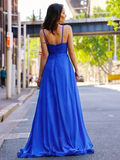 Blue Sleeveless Spagehtti Straps Side Slit Long Prom Dresses,Simple Party Dress ,Evening Dress With Train HZ1023