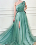 A-Line One Shoulder Jungle Tulle Split Prom/Formal Dresses With Beading HZ1023