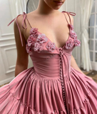 Long Satin Flowers Evening Dresses Spaghetti Straps V Neck Formal Evening Party Dress HZ1023
