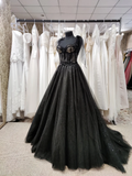 Tulle black applique beaded A-line maxi corset dress party dress off-the-shoulder gown ball gown elegant evening dress HZ1023