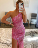 Stripe Sequin Blushing Pink One Shoulder Prom Dress with Side Slit HZ1023