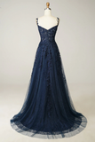A Line Spaghetti Straps Navy Prom Dress with Appliques HZ1023