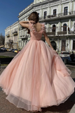 Elegant V Neck Pink Tulle Long Prom Dresses with High Slit, Pink Tulle Formal Graduation Evening Dresses HZ1023