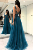 A Line V Neck Tulle Open Back Lace Beads Sleeveless Evening Prom Dresses HZ1023