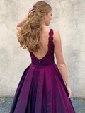 V Neck Backless Purple Lace Prom Dresses, V Neck Open Back Purple Lace Formal Evening Dresses HZ1023