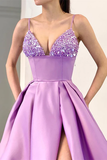 LILAC SPAGHETTI-STRAPS SLEEVELESS PROM DRESS SPLIT LONG WITH SEQUINS HZ1023