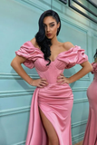 Pink Split Prom Dress Long Mermaid Off-the-Shoulder HZ1023