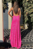 Charming Mermaid V Neck Hot Pink Sequins Long Prom Dresses with Slit HZ1023