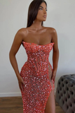 Pink Luxury Glitter Off-shoulder Sleeveless Long Sequins Mermaid Sexy Side Slit Prom Gown Evening Dress Formal Party Dress HZ1023