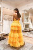 Layers Tulle Yellow Prom Dresses with Ruching Bodice HZ1023