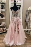 V Neck Backless Pink Lace Long Prom Dress, Long Pink Lace Formal Evening Dress HZ1023