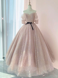 Champagne tulle long prom dress, tulle long evening dress HZ1023