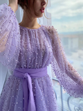 Purple round neck tulle beaded long ball gown, purple evening dress HZ1023