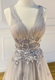 Gray tulle lace long prom dress evening dress HZ1023