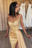 Champagne V-Neck Sleeveless Prom Dress Mermaid Sequins Slit HZ1023
