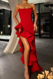 Chic Mermaid Scoop Neck Spaghetti Straps Satin Red Prom Dresses HZ1023