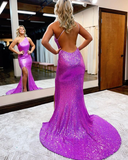 One Shoulder Lavender Sequin Mermaid Prom Dress with Side Slit HZ1023
