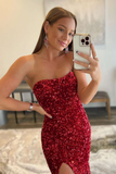 Burgundy Sequin Strapless Mermaid Long Prom Dress HZ1023