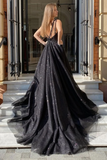 Shiny Tulle V Neck Open Back Black Long Prom Dresses with High Slit, Sparkly Black Tulle Formal Graduation Evening Dresses HZ1023