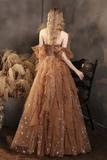 Champagne shiny elegant layered long tulle ball gown evening dress HZ1023