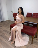 Long Pink Simple One Shoulder Split Mermaid Prom Dress HZ1023