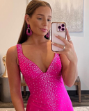 Rose Red V-neck Beading Mermaid Prom Dress with Side Slit HZ1023