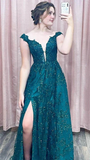 Off Shoulder Green Lace Sequins Long Prom Dress with High Slit, Off the Shoulder Green Formal Dress, Green Lace Evening Dress HZ1023