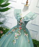 Green V Neck Tulle Long Prom Dress, Formal Dresses, Green Evening Dress HZ1023