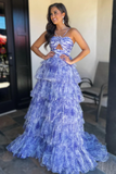 Blue Print Halter Keyhole Ruffle Tiered Long Prom Dress HZ1023