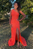 One Shoulder Open Back Mermaid Orange Sequins Long Prom Dress,Shiny Formal Dress,Sexy Night Dress HZ1023
