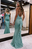 Mint Green Ruffles Bow-Back Mermaid Long Prom Dress HZ1023