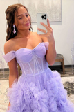 A-line Off-the-Shoulder Ruffle Layers Boning Long Prom Gown HZ1023