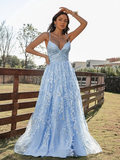 A-Line/Princess Lace Ruffles V-neck Sleeveless Sweep/Brush Train Dresses HZ1023