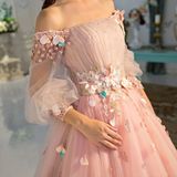 Pink delicate floral applique fairy long sleeves long tulle ball gown evening dress HZ1023