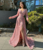 Long sleeved sequins a line prom dress shiny pink evening gown with slit HZ1023