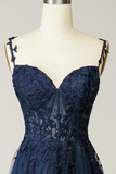 A Line Spaghetti Straps Navy Prom Dress with Appliques HZ1023