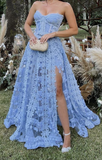 Blue Appliques Strapless Prom Dresses With Slit HZ1023
