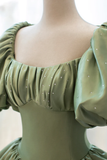 Green Satin Puff Sleeves Long Prom Dress, Green A-Line Formal Dress HZ1023