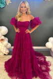 A-Line Strapless Ruffles Long Formal Dress with Puff Sleeves HZ1023