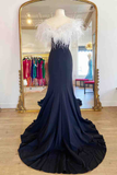 Long Black High Slit Prom Dress with White Feather HZ1023