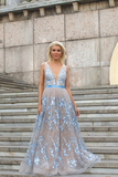 Sexy mother of the groom dress, Blue evening gown, Sleeveless prom dress, Gray Blue mother of the bride dress, Floral formal dress in gray HZ1023